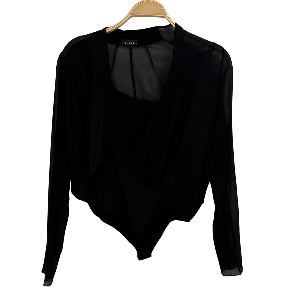 Akris Bodysuit Womens 8 Black Good Silk Sheer Wrap Long Sleeve Swiss Made